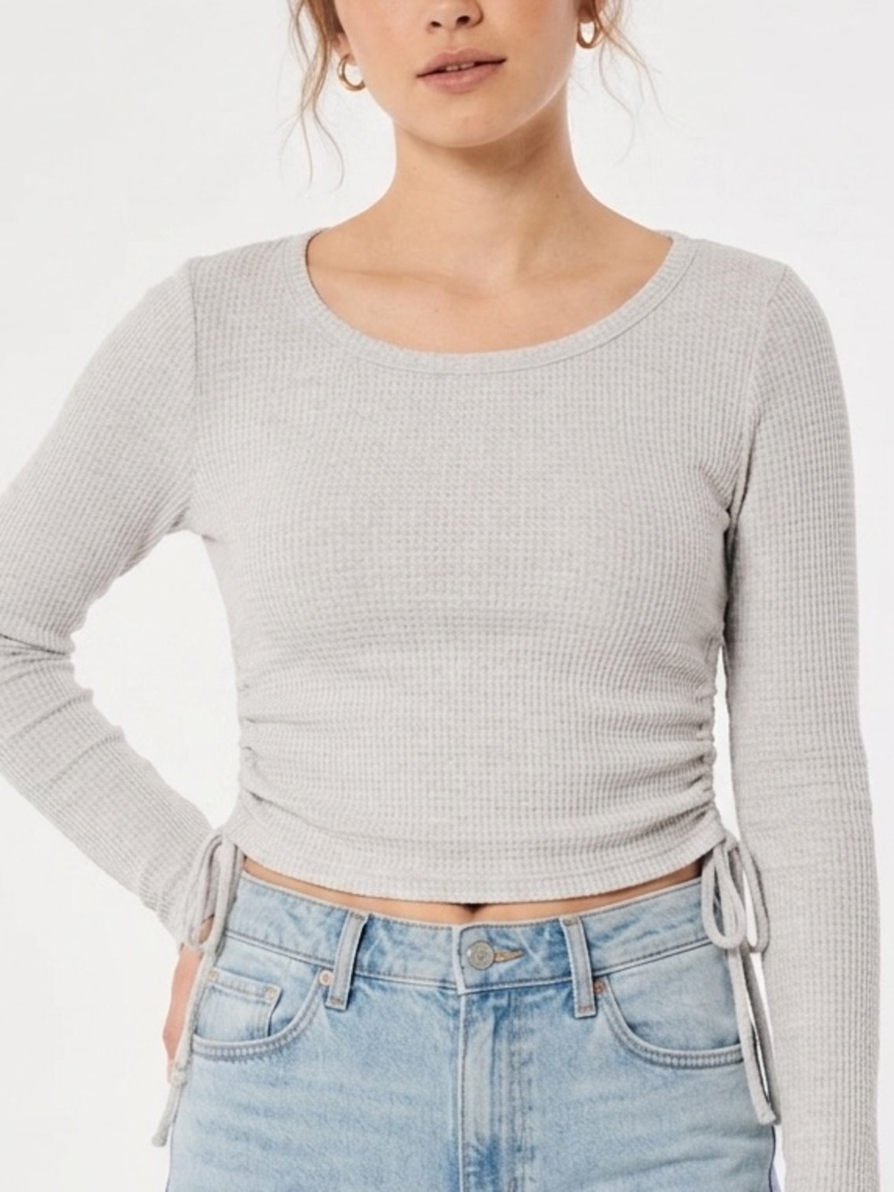 Gilly Hicks Light Grey Cropped Waffle-Knit Long Sleeve